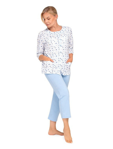 201 Maria II Pijama de mujer Martel azul 32 algodón, camisa floral, manga 3/4, pantalón 3/4, confort sueño