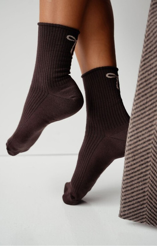 0200-193 Calcetines de mujer con lazo Milena marrón-algodón acanalado