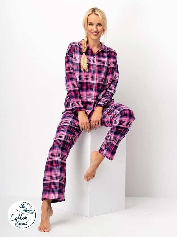 Pijama de mujer Key LNS 490 franela de algodón fucsia, manga larga, botones