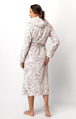 LGL 545 Bata de mujer Key ecru-mocca - suave, con capucha, atada a la cintura