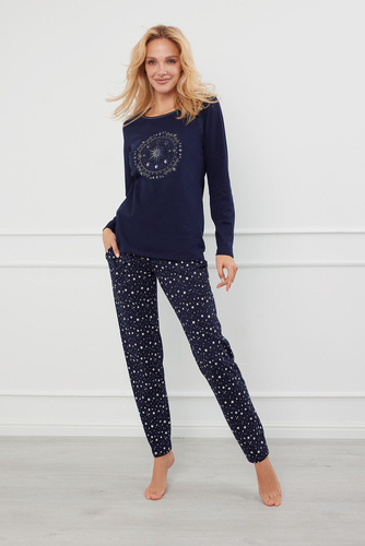 Arugia Pijama señora manga larga, pantalón largo Moda Italiana - azul marino/estampado