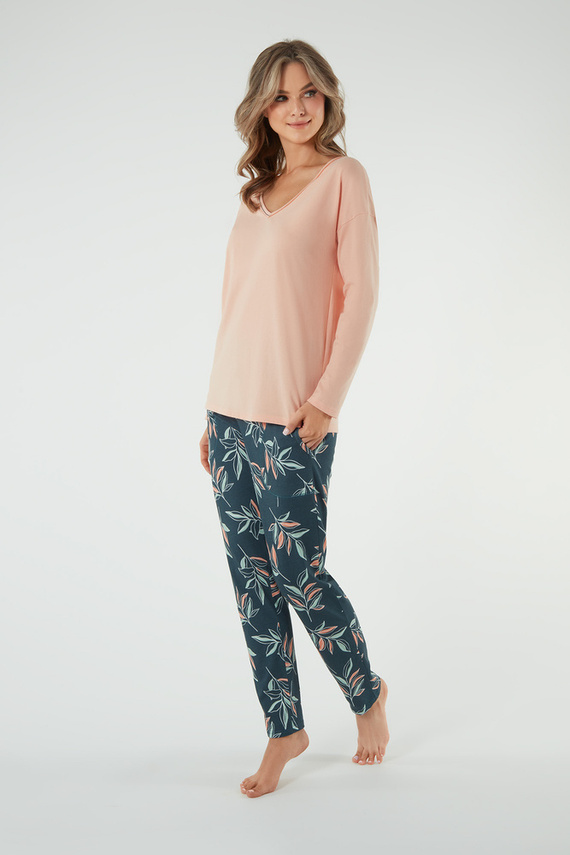 Julietta Pijama señora manga larga, pantalón largo Moda Italiana - salmón/estampado