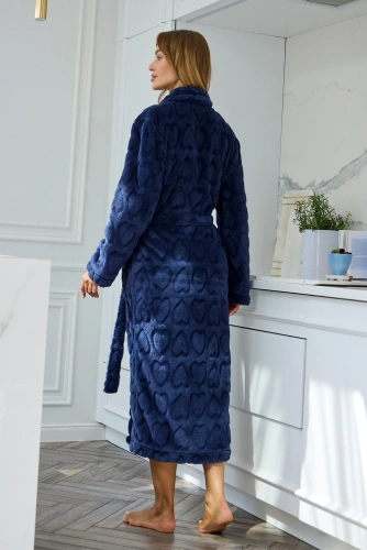 Albornoz largo de mujer L&L Nella 2645 suave con cuello chal y bolsillos - navy