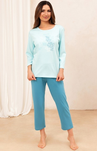 706 Pijama de señora de algodón turquesa - manga 3/4, pantalón 7/8, estampado decorativo