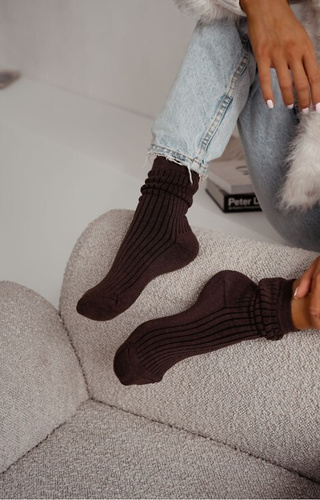 0118-015 Calcetines de rizo para mujer Milena marrón - acanalados, cálidos y confortables