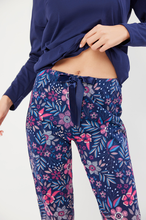 Folk Pijama señora manga larga, pantalón largo Moda Italiana - azul marino/estampado