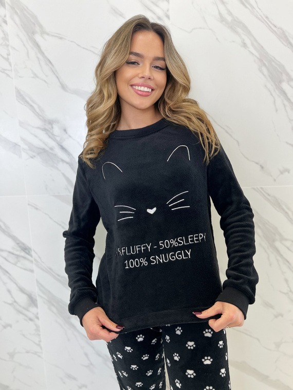 Fulvia Pijama de mujer Sorbetto negro - Forro polar supersuave con gato y patitas