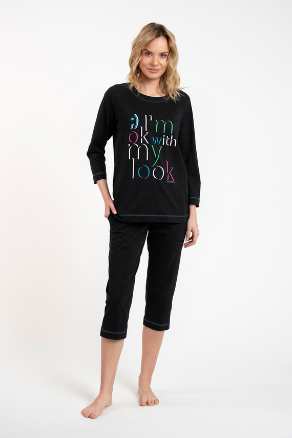 Olza Pijama de señora manga 3/4, pantalón 3/4 Moda Italiana - negro