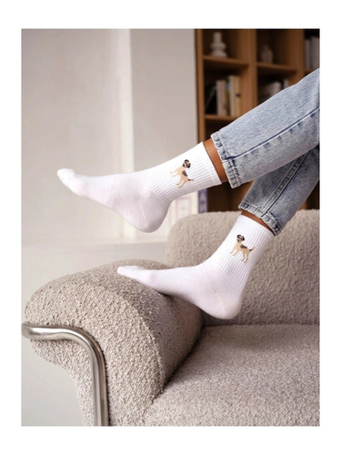Calcetines de mujer Milena 0200-272 de algodón con diseño de perro color ecru