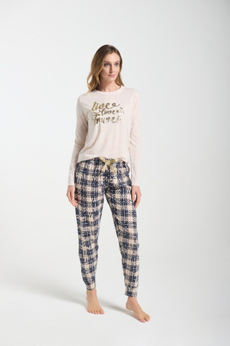 Bessy Pijama de mujer Sorbetto beige - jersey, estampado dorado, pantalón a cuadros