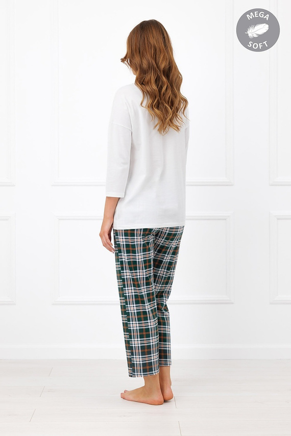 Pijama de mujer Italian Fashion Arwena de algodón, manga 3/4, pantalón 7/8 a cuadros - ecru