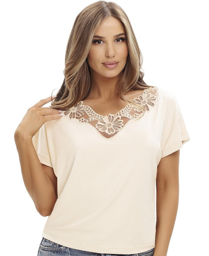 Blusa para mujer Sawa crema Emili de viscosa con escote en V bordado Komfort