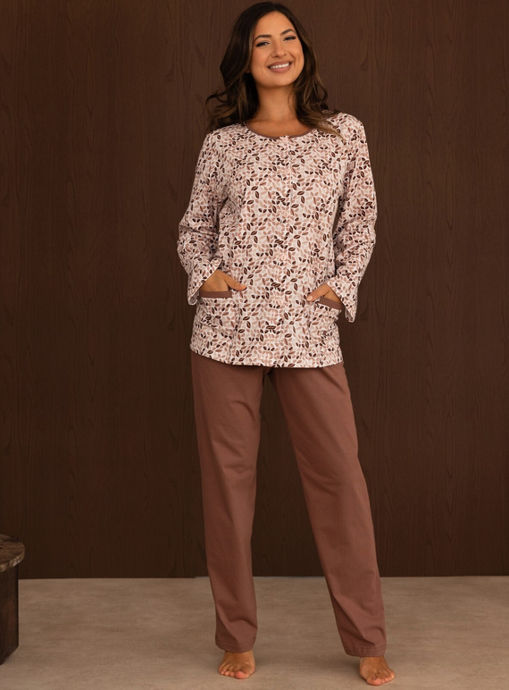 Pijama de mujer Regina 4022 100% algodón marrón larga abotonada con bolsillos