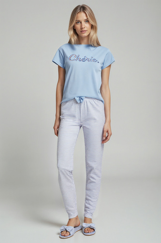 Juliana Sorbetto azul - pijama de mujer 100% algodón, con bordado y pantalón largo a rayas