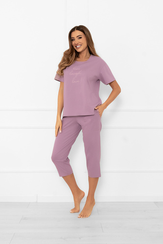 Pijama señora Ksara - manga corta, pantalón 3/4, algodón Moda Italiana - brezo