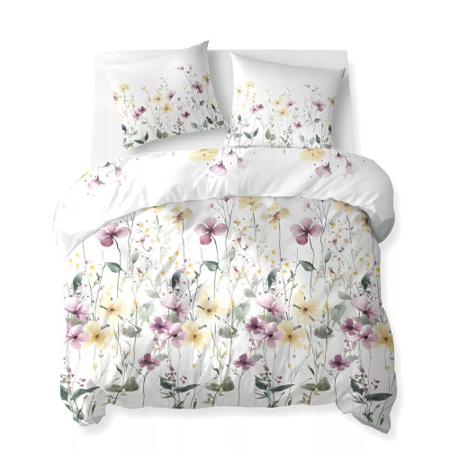 5773 A Cotton Bloom Detexpol ropa de cama blanca con flores de campo violetas y amarillas - 100% algodón, reversible, producción polaca