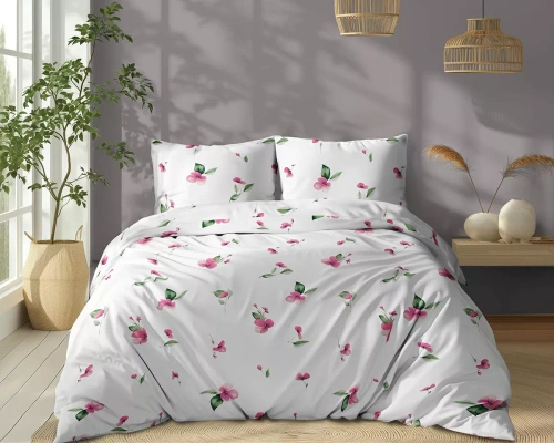 5769 A Detexpol Algodón Bloom Ropa de cama blanco con flores de color rosa con hojas verdes - 100% algodón, doble cara, pulido hecho