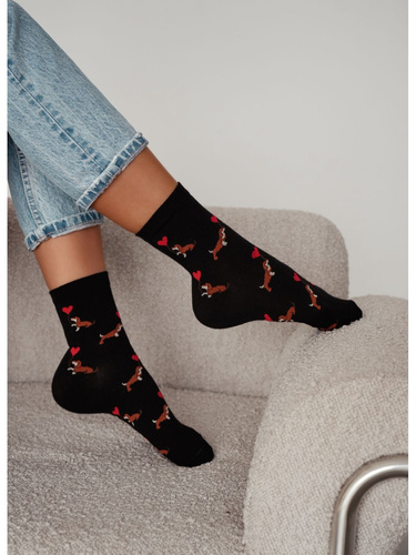 0200-201 Calcetines de mujer Milena Dachshunds Valentine's Day negro-algodón, corazones, talla 37-41