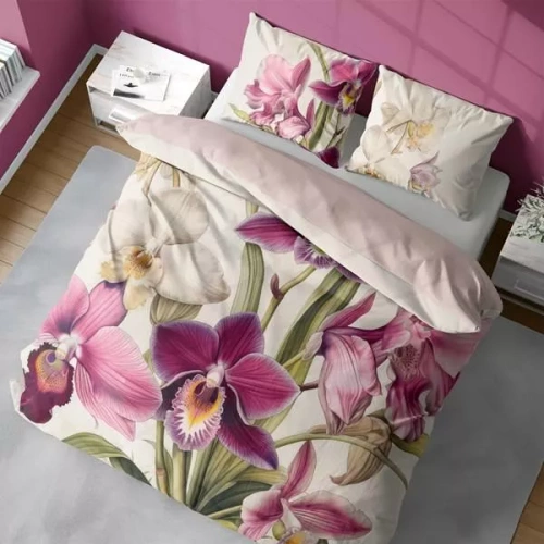 5427 Una ropa de cama de microfibra 3D con orquídeas exóticas sobre fondo crema - Detexpol