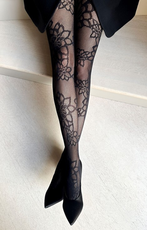 Francesca Veneziana medias negro - cabaret con estampado floral, elegante y elástico