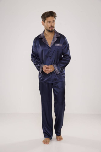 939 Pijama de satén para hombre - azul marino