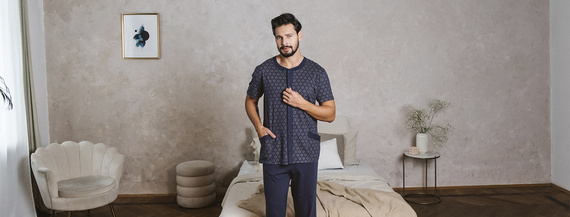 Ricardo Pijama de hombre manga corta, pantalón largo Moda Italiana - azul marino