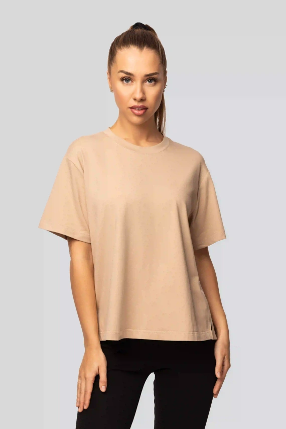 Camiseta Urban beige de algodón para mujer - Manga corta, corte clásico, a la moda con aberturas | Material de alta calidad, elasticidad