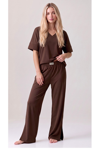 Luna 1314 pijama oversize para mujer marrón 100% algodón pantalones anchos