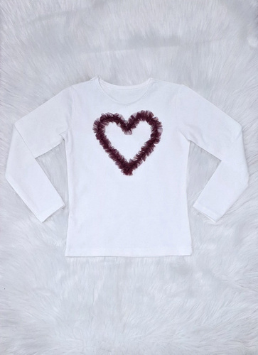 Mia Bambarillo blusa de niña de algodón crudo burdeos con corazón de tul