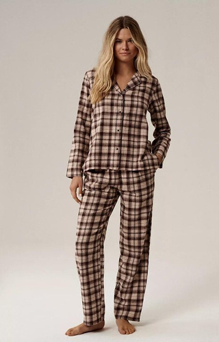 NLP-505 Pijama de mujer Atlantic marrón - franela, cremallera, cuadros, algodón