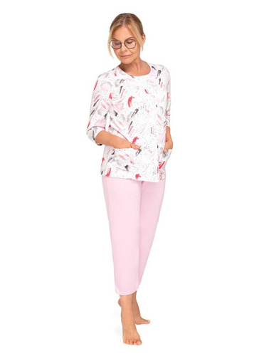 201 Maria II Pijama de mujer Martel rosa 31- algodón, camisa floral, manga 3/4, pantalón 3/4, confort sueño