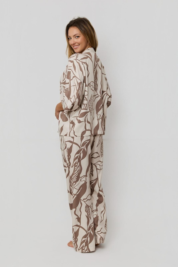 Pijama de mujer Luna PX63 Mefemi by Nipplex mocha - 100% Viscosa, Estampado vegetal, Botones, Pantalón largo | Premium Comfort