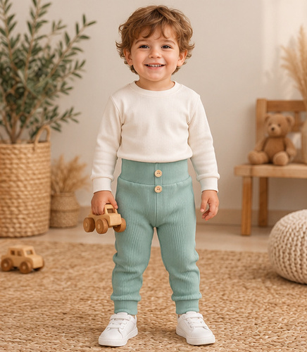 Leggings infantiles LC004 de algodón acanalado en color salvia con botones