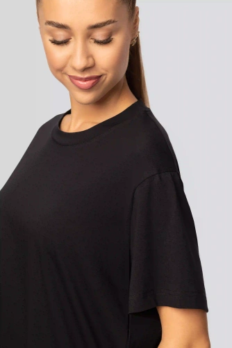 Camiseta urbana negra de algodón para mujer - Manga corta, corte clásico, a la moda con aberturas | Material de alta calidad, elasticidad