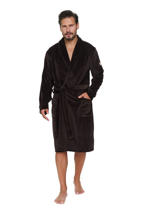 Bata de hombre Doctor Nap 7549 marrón de terciopelo acanalado cruzada con cinturón