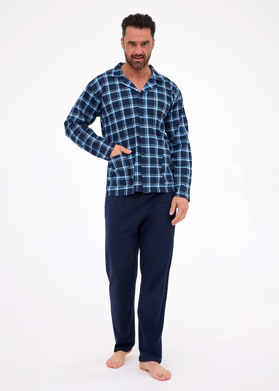 114/81 Pijama de hombre Cornette | Delantero abierto, 100% algodón, cuello y bolsillos