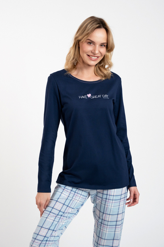 Pijama de señora Glamour de manga larga y pantalón largo Italian Fashion - azul marino/estampado