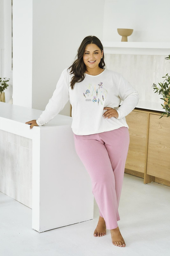 Pijama de mujer Monica 3470 TARO de algodón crema, de manga larga, cómodo y femenino
