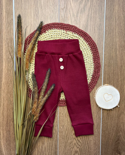 Leggings infantiles LC014 burdeos de algodón acanalados con botones de madera