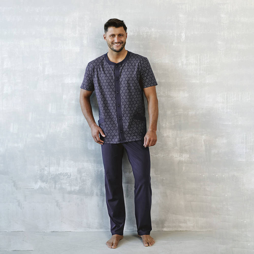 Ricardo Pijama de hombre manga corta, pantalón largo Moda Italiana - azul marino