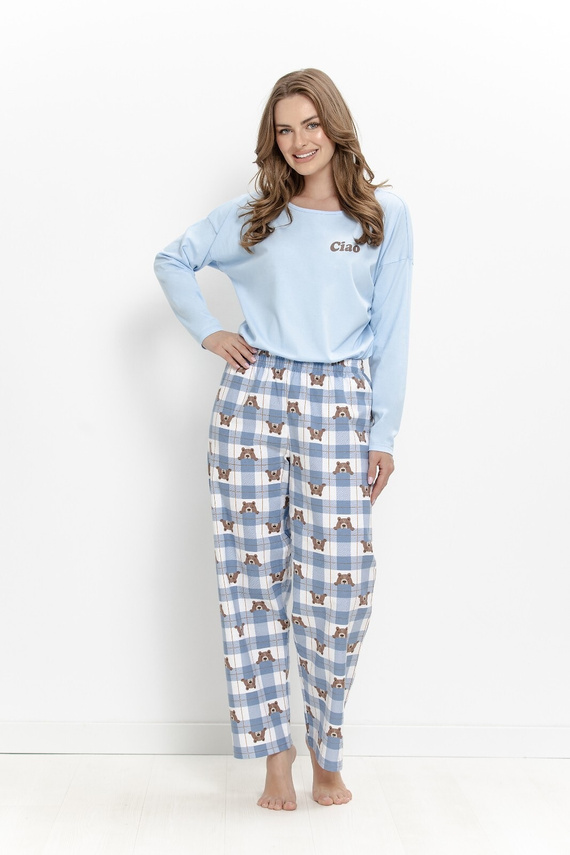 Pijama de mujer Taro Freja 3631 azul 100% algodón manga larga con osito