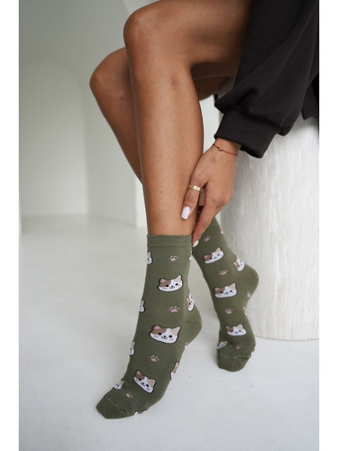 Milena 0200-266 calcetines suaves de algodón para mujer con estampado de gatos y huellas en color oliva
