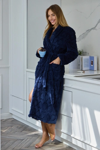 Albornoz largo de mujer L&L Nella 2645 suave con cuello chal y bolsillos - navy