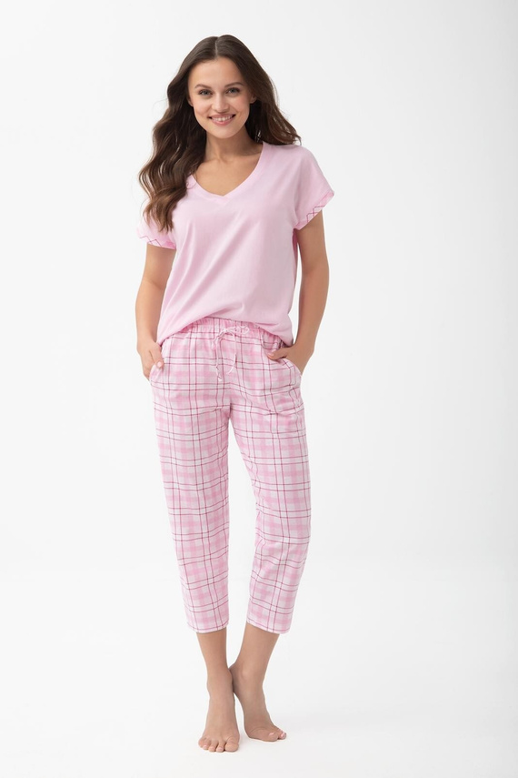 Piżama para mujer 1300 Luna de algodón con camiseta de manga corta y pantalones 7/8 rosa