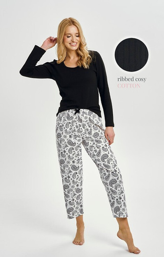 3454 Taro pijama de mujer de algodón negro - manga larga, pantalón estampado