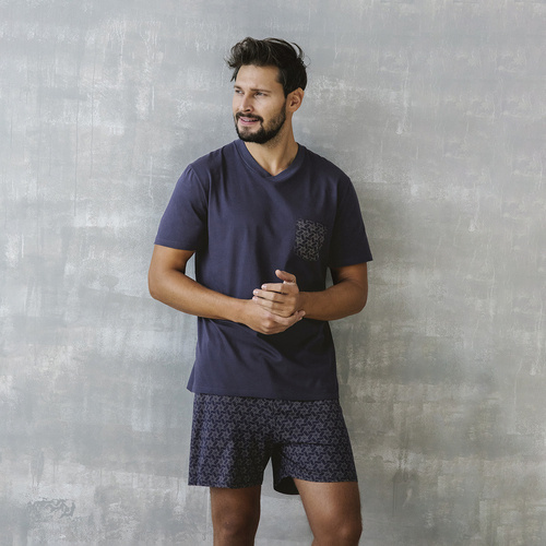 Diaz Pijama de manga corta para hombre, pantalón corto Moda Italiana - azul marino/estampado
