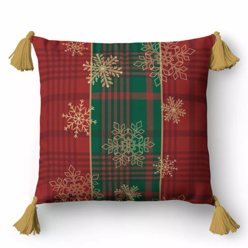 5382 Una funda de almohada decorativa de Navidad Deco Detexpol a cuadros rojos y verdes con copos de nieve dorados - cremallera