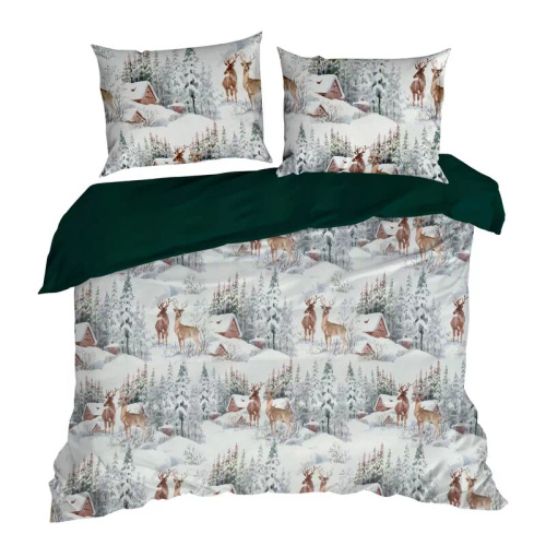 Ropa de cama navideña Fairyland en microfibra Eurofirany paisaje invernal verde- suave, ligera y fácil de cuidar, con cierre de cremallera