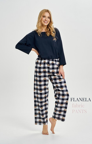 3441 Astrid pijama de mujer de algodón Taro azul marino - manga larga, pantalón de franela a cuadros