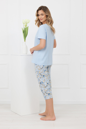 Pijama de señora Celozja, 100% algodón, manga corta, pantalón 3/4, estampado floral, lazo